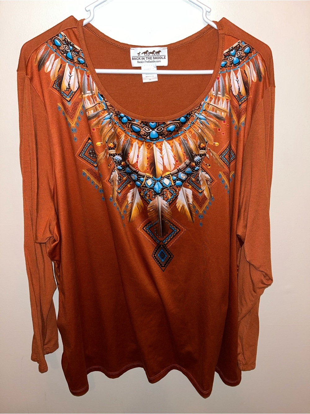 Back In The Saddle Orange Aztec Western Print Long Sleeve Shirt Size 3X EUC Boho